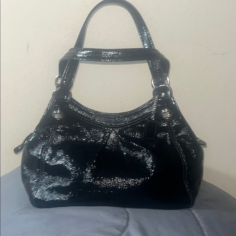 Glossy Black Shoulder Bag with Silver Accents
